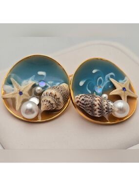 Ocean Starfish Enamel Earrings Handmade Artisan Gold Plated 925 Sterling Silver